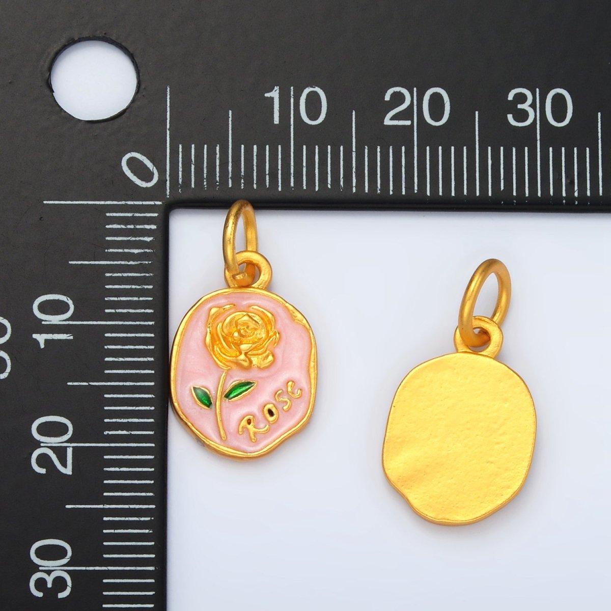24K Gold Filled Pink Enamel Rose Flower Stamped Oval Charm | M150