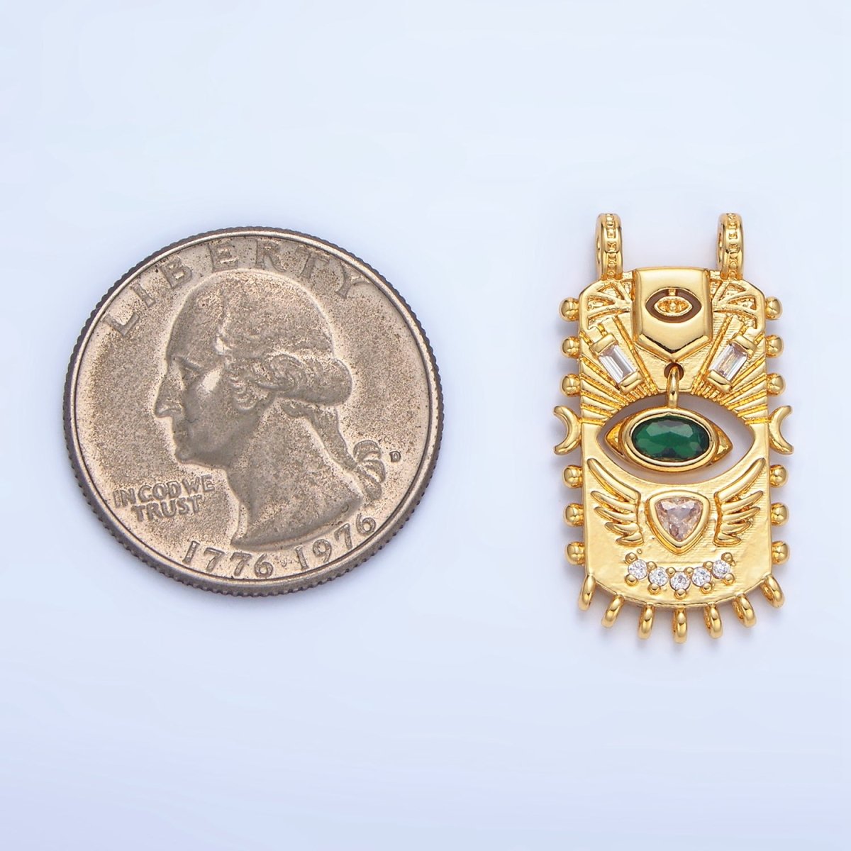 24K Gold Filled Green CZ Baguette Geometric Evil Eye Dotted Outline Tag Connector | F481