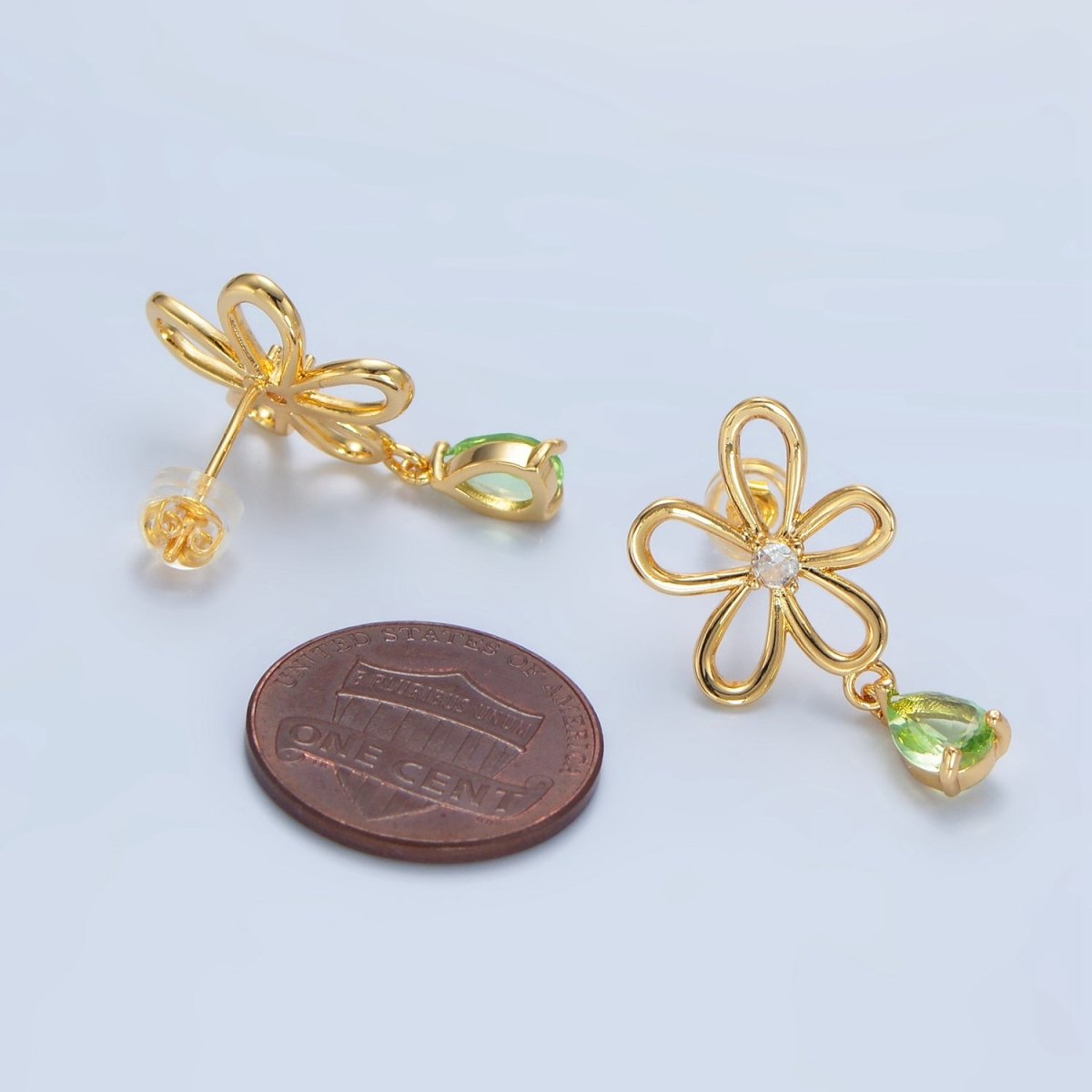 24K Gold Filled Green CZ Teardrop Open Flower Drop Stud Earrings | P166