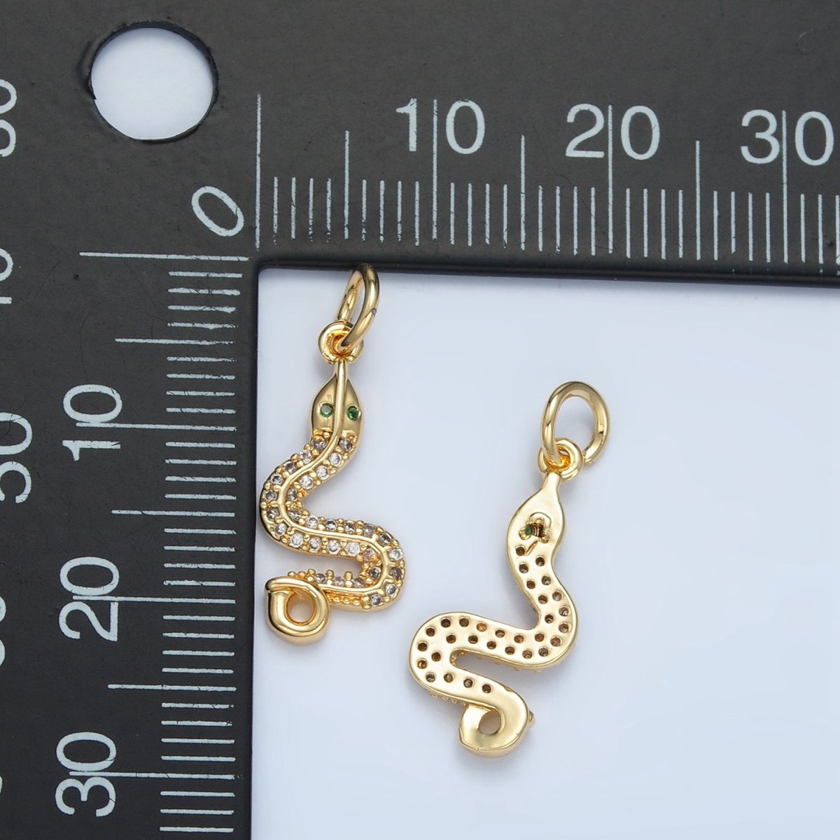 24K Gold Filled Green-Eyed Micro Paved CZ Snake Serpent Animal Charm | N1394