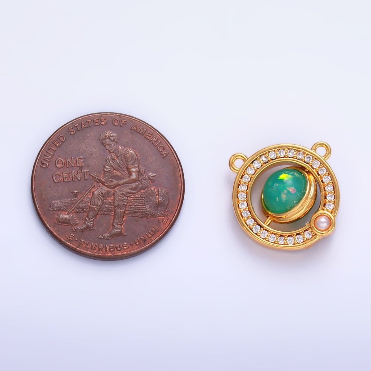 24K Gold Filled Green Opal Pearl Micro Paved CZ Round Connector | Y008