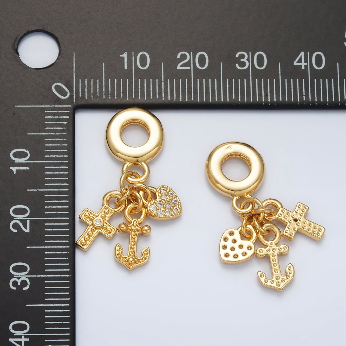 24K Gold Filled Heart Anchor Cross Micro Paved Triple Drop Rhondelle Bail Pendant | AC089
