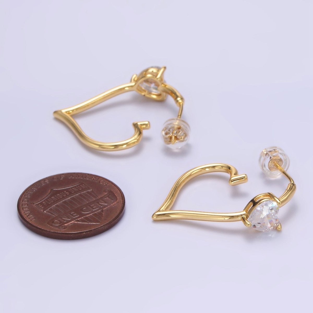 24K Gold Filled Heart CZ J-Shaped Hoop Earrings | AB1185