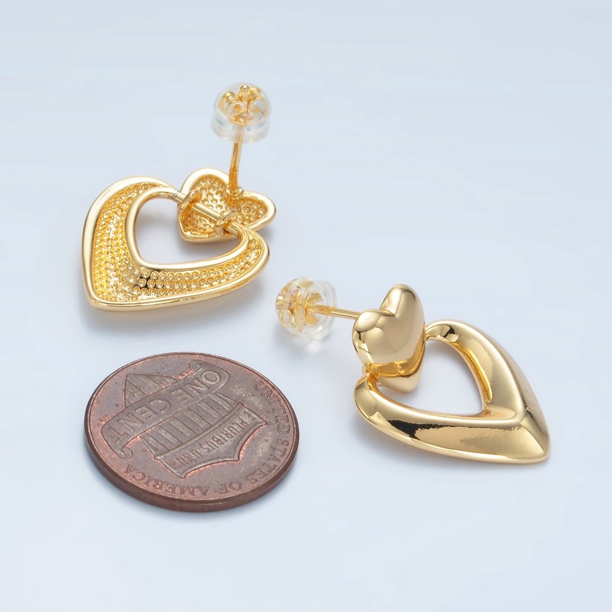 24K Gold Filled Heart Edged Door Knocker Drop Stud Earrings | AD654