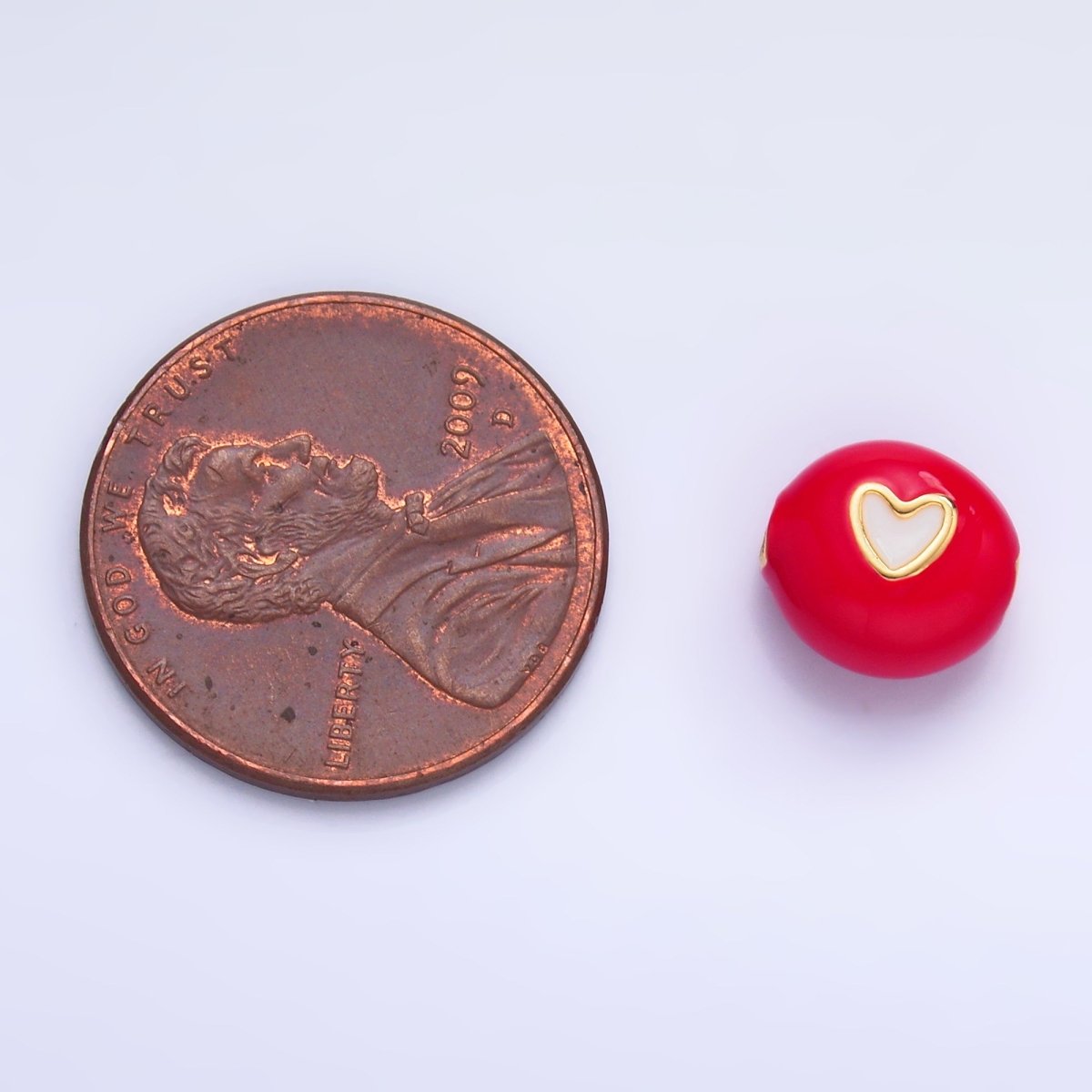 24K Gold Filled Heart White, Red Enamel Round Bead | B183