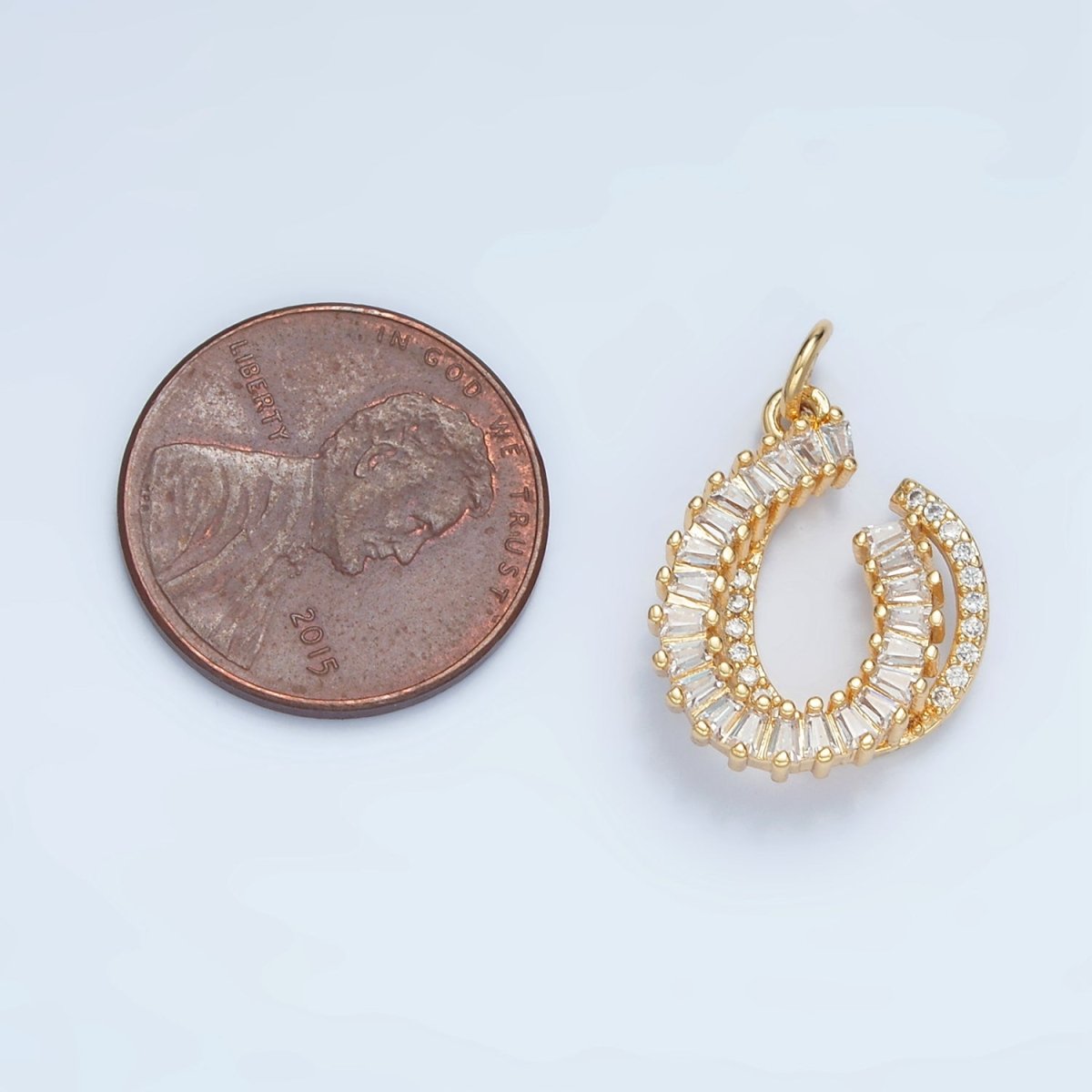 24K Gold Filled Horseshoe Double Micro Paved CZ Baguette Lined Charm | E807