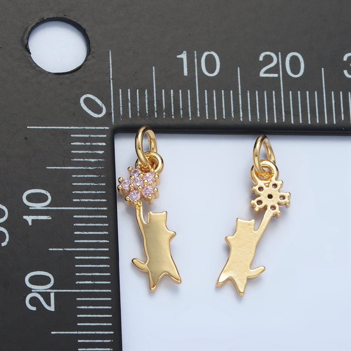 24K Gold Filled Kitten Cat Reach Pink Flower CZ Charm | X297