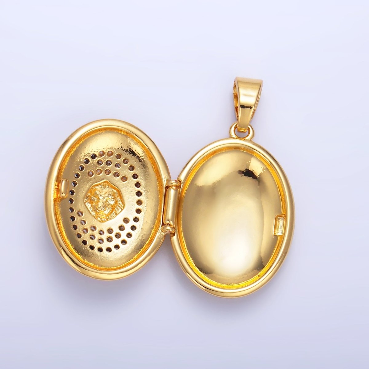 24K Gold Filled Lion Micro Paved CZ Oval Locket Pendant | AA868