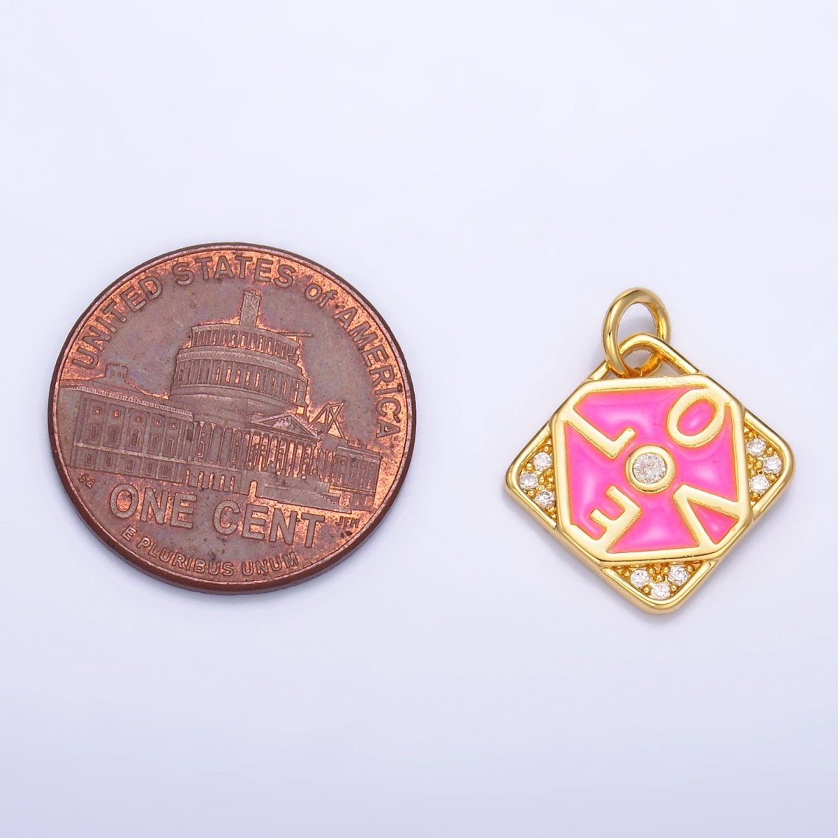 24K Gold Filled "LOVE" Script Enamel Micro Paved CZ Geometric Square Charm | W432