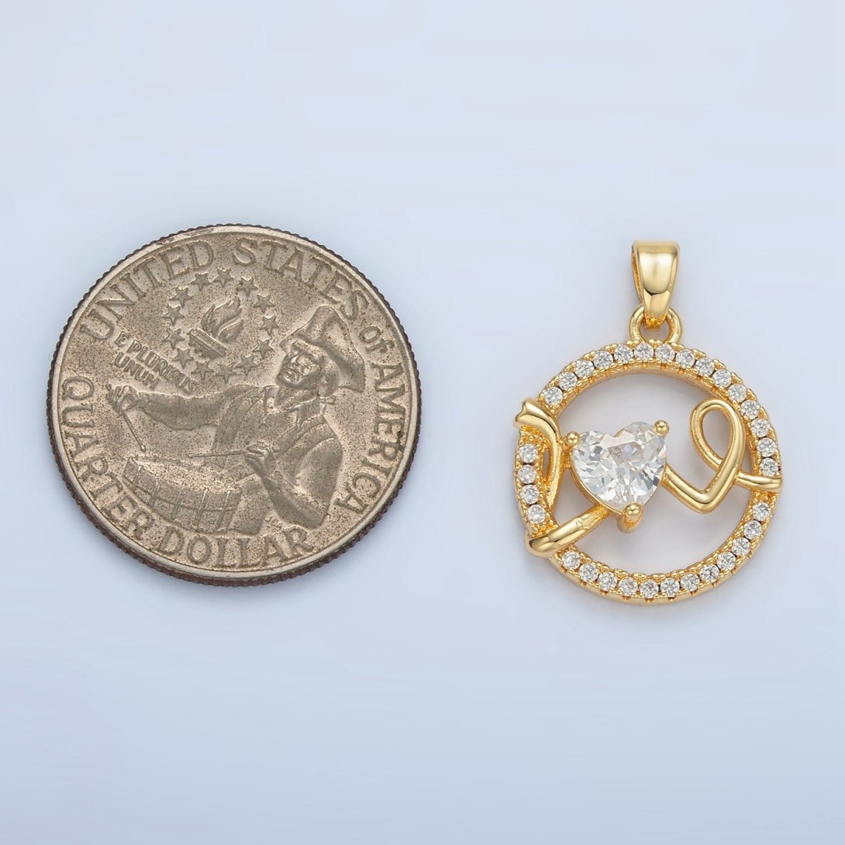 24K Gold Filled "Love" Script Heart CZ Micro Paved Open Round Pendant | AA891