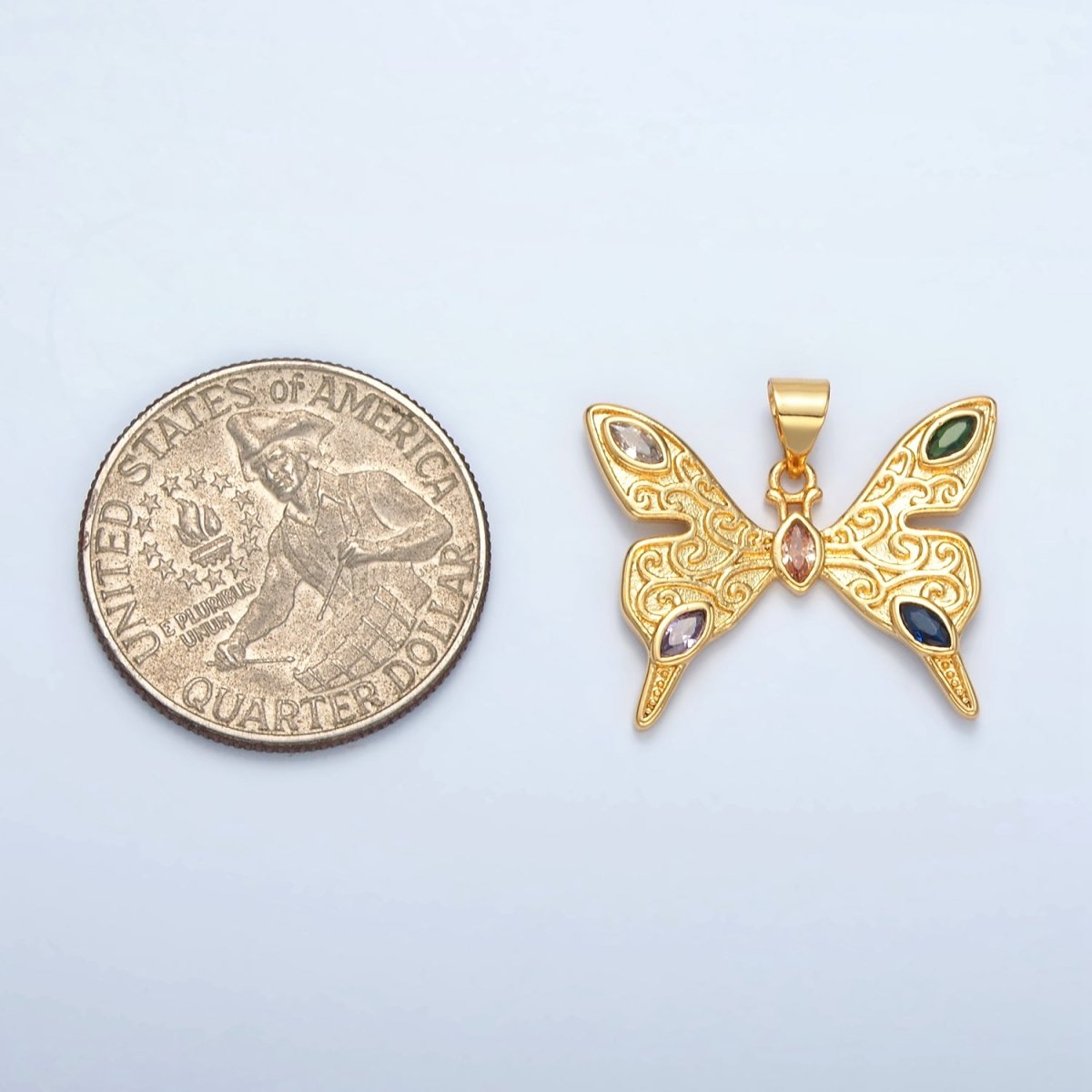 24K Gold Filled Marquise CZ Artisan Butterfly Mariposa Insect Pendant | I285