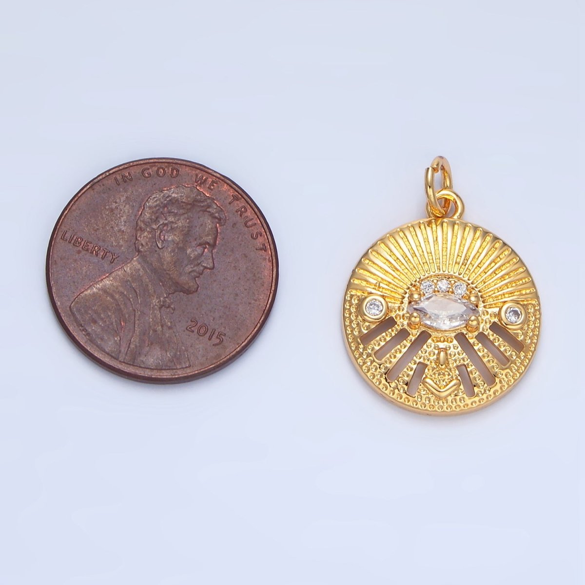 24K Gold Filled Marquise CZ Evil Eye Textured Geometric Open Bar Round Charm | X820