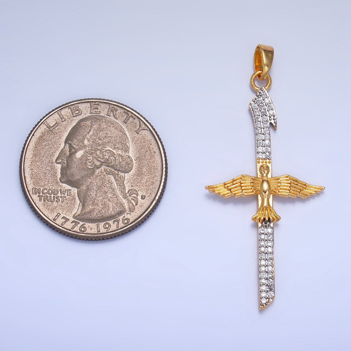 24K Gold Filled Micro Paved CZ Bird Cross Mixed Metal Pendant | AA1009