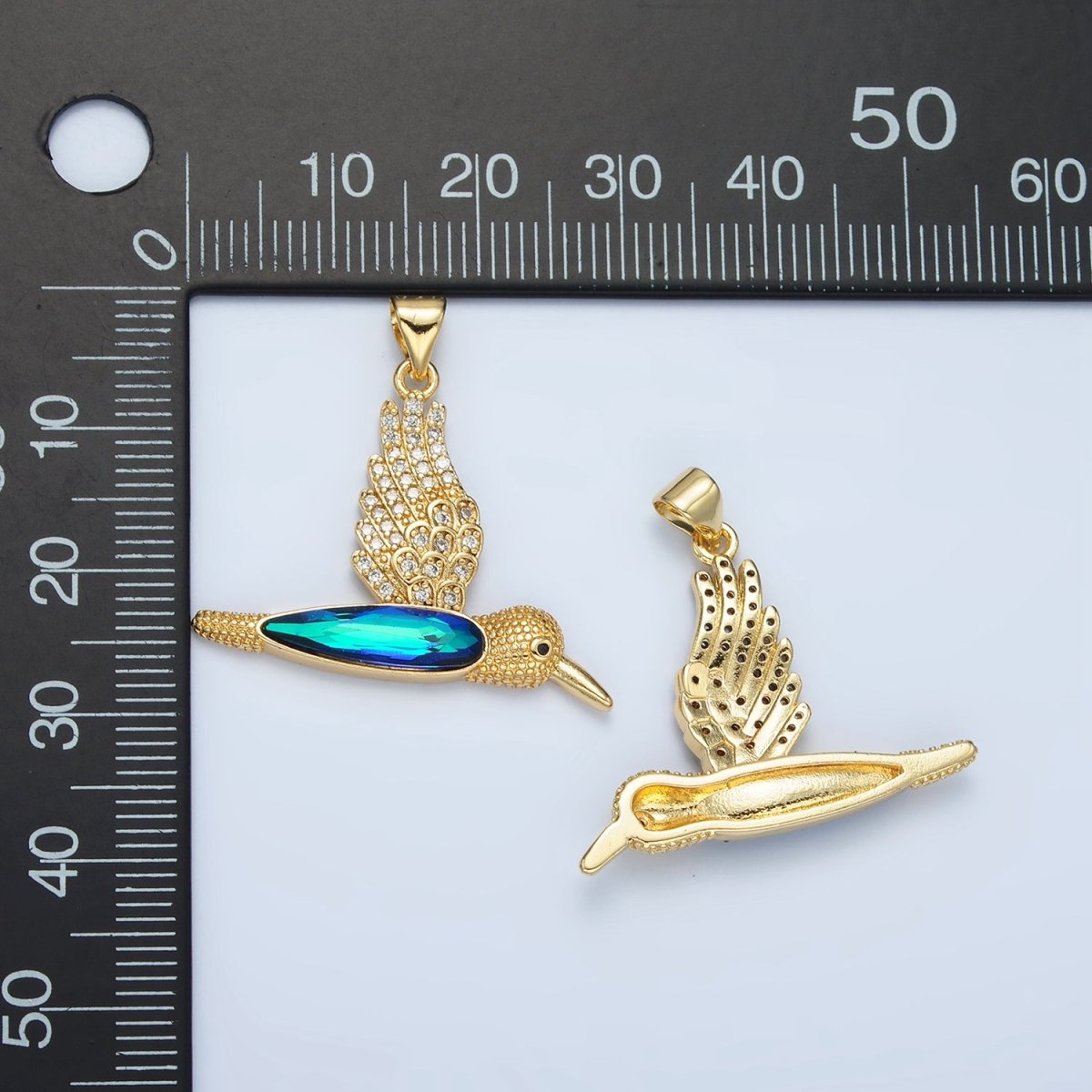 24K Gold Filled Micro Paved CZ Blue Humming Bird Pendant | AA-905