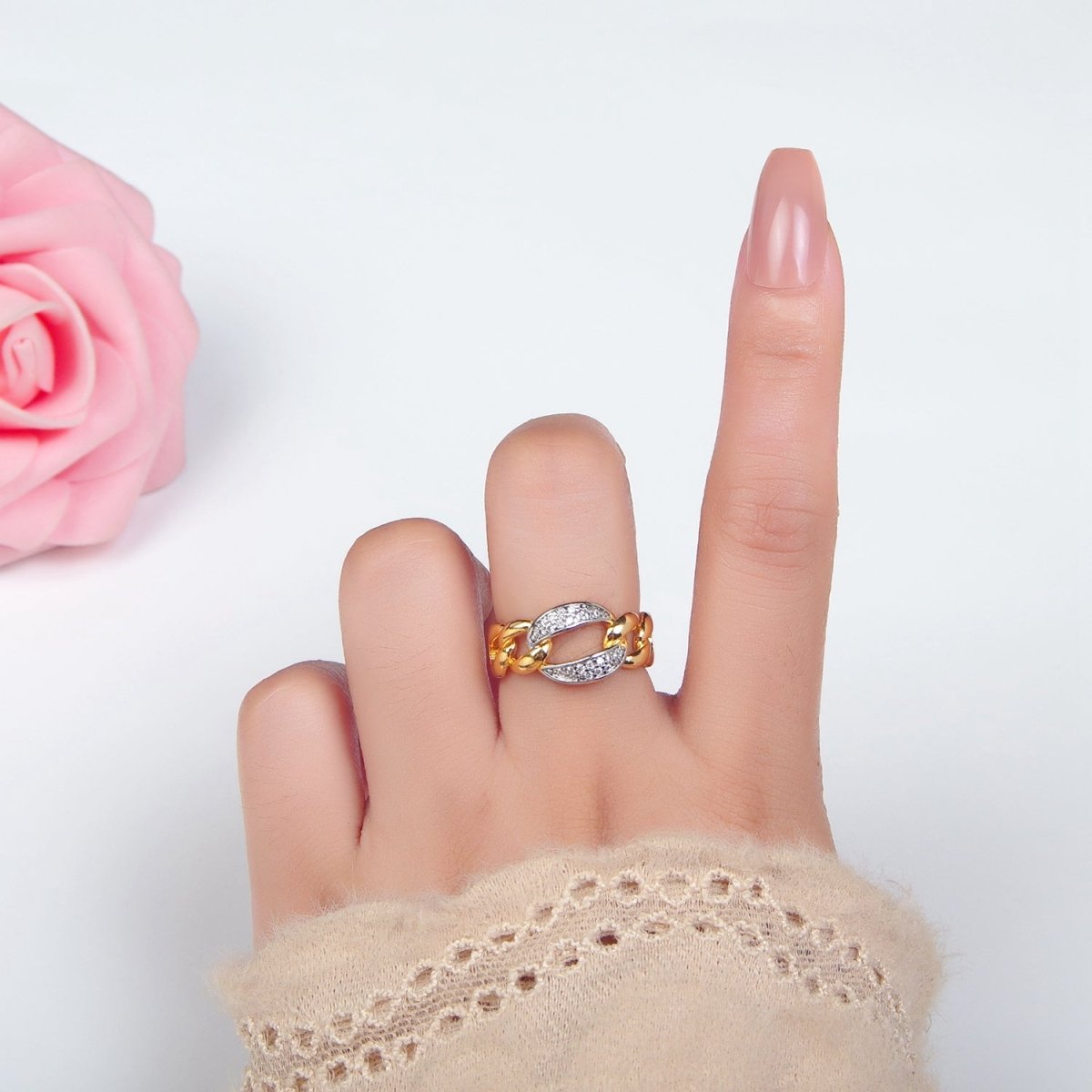 24K Gold Filled Micro Paved CZ Concave Curb Mixed Metal Ring | O1419