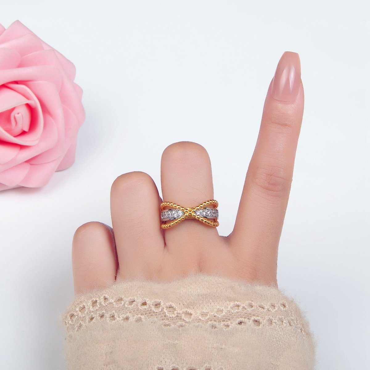 24K Gold Filled Micro Paved CZ Dotted Crossed Double Band Mixed Metal Ring | O1425