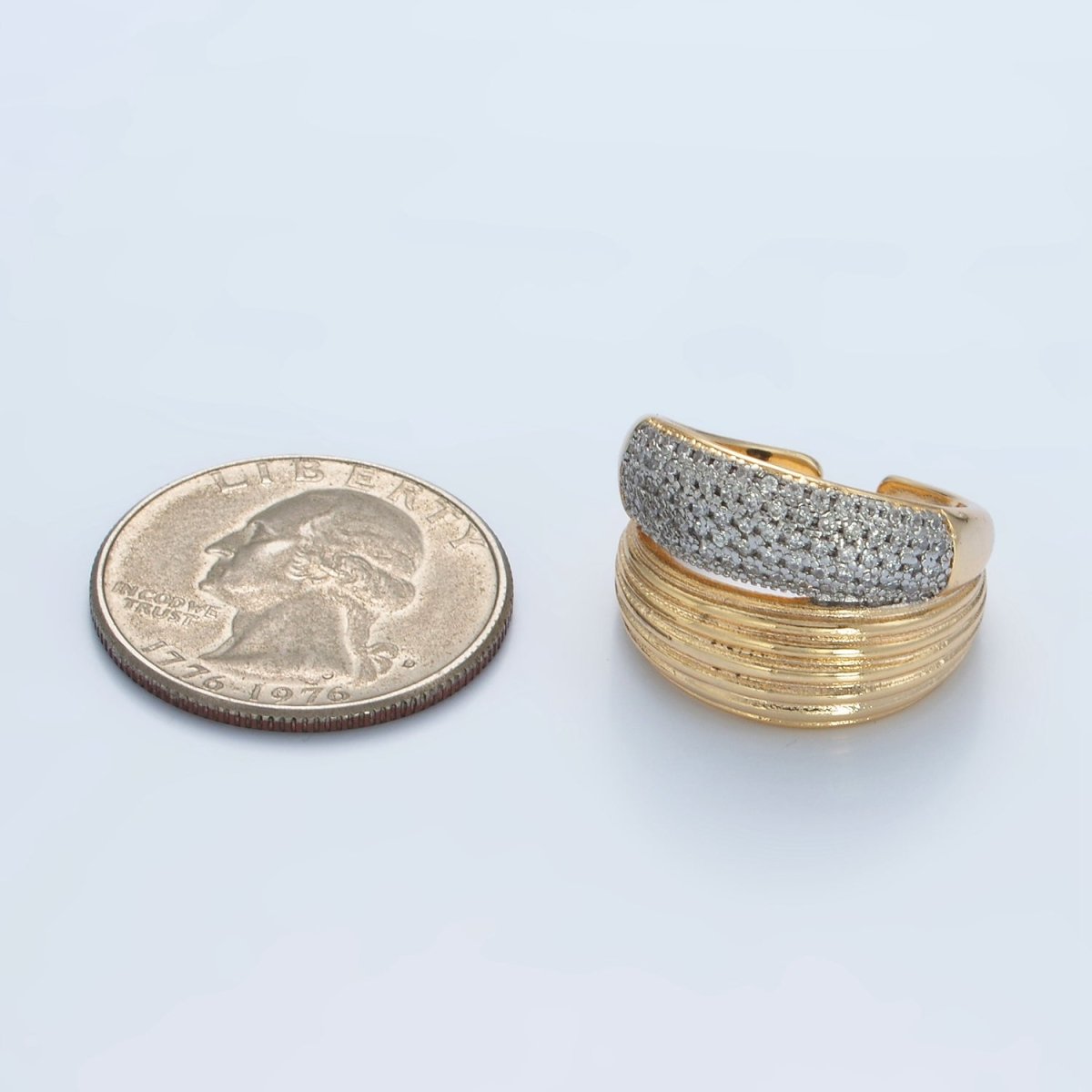 24K Gold Filled Micro Paved CZ Double Band Dome Signet Ring Mix Metal Jewelry | O1405