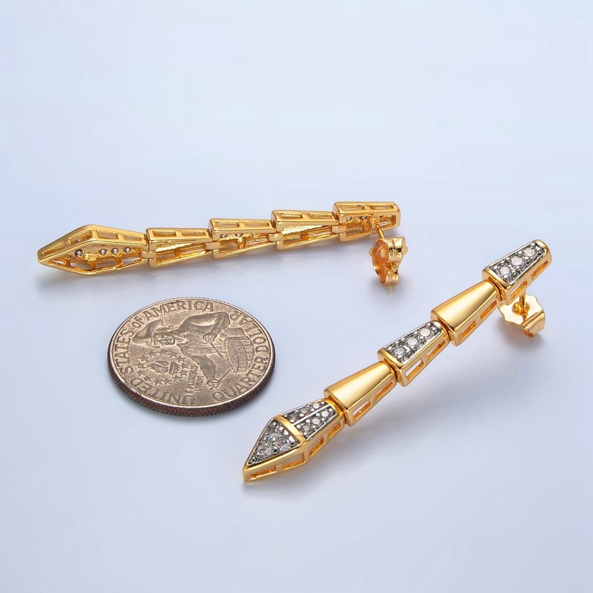 24K Gold Filled Micro Paved CZ Geometric Edged Linear Drop Stud Earrings | P020