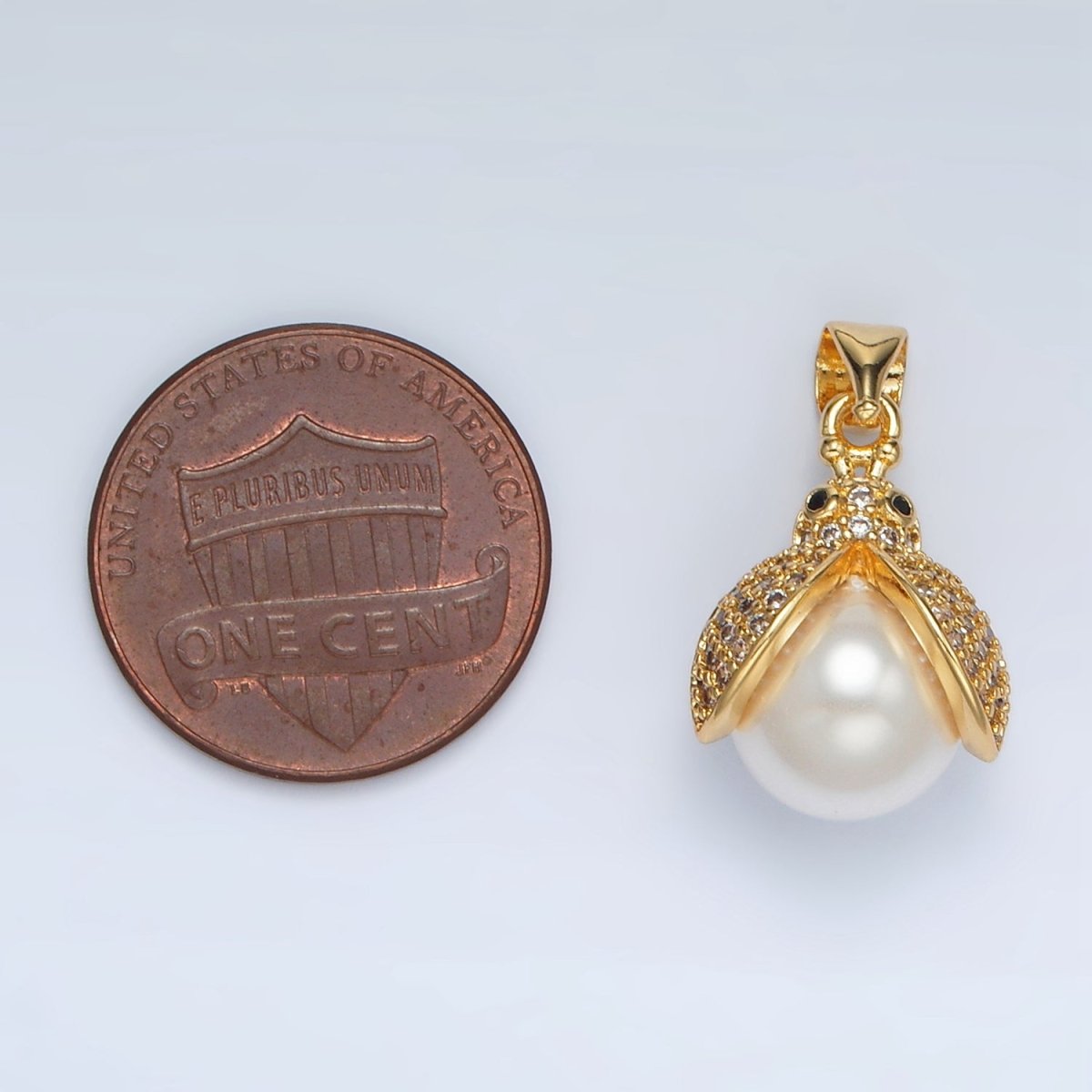 24K Gold Filled Micro Paved CZ Pearl Ladybug Pendant | AH187