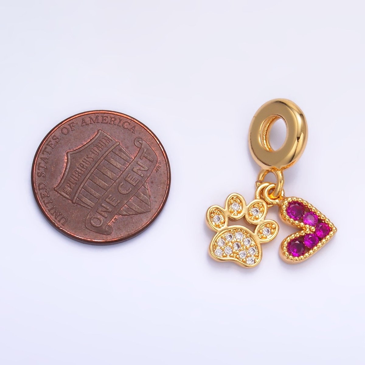 24K Gold Filled Micro Paved CZ Pink Heart Clear Pawprint Rhondelle Drop Pendant | W330