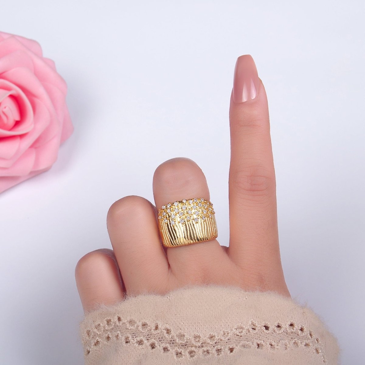 24K Gold Filled Micro Paved CZ Ribbed Cuff Ring | U424