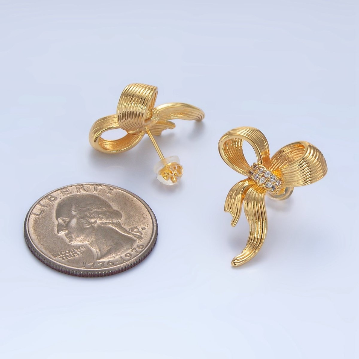24K Gold Filled Micro Paved CZ Ribbed Ribbon Bow Stud Earrings | AD776