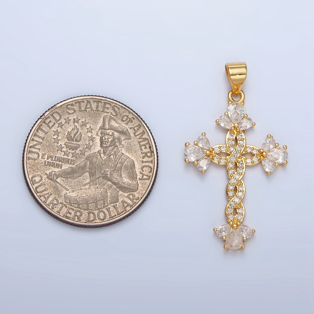 24K Gold Filled Micro Paved CZ Teardrop Open Fleur Cross Pendant | AA966