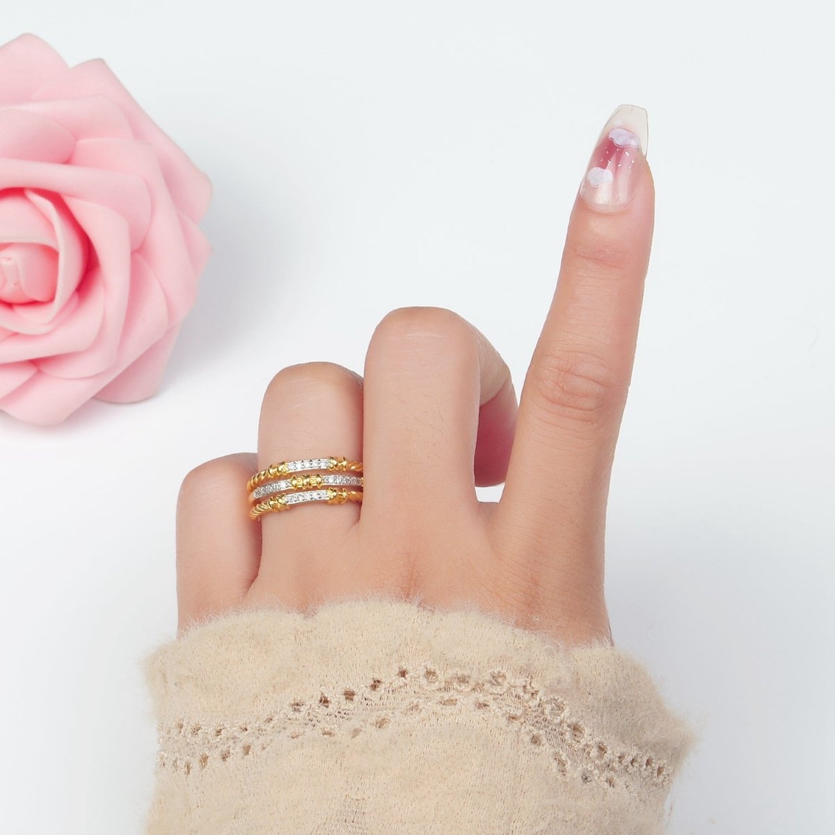 24K Gold Filled Micro Paved CZ Twisted Rope Triple Band Ring | O1400