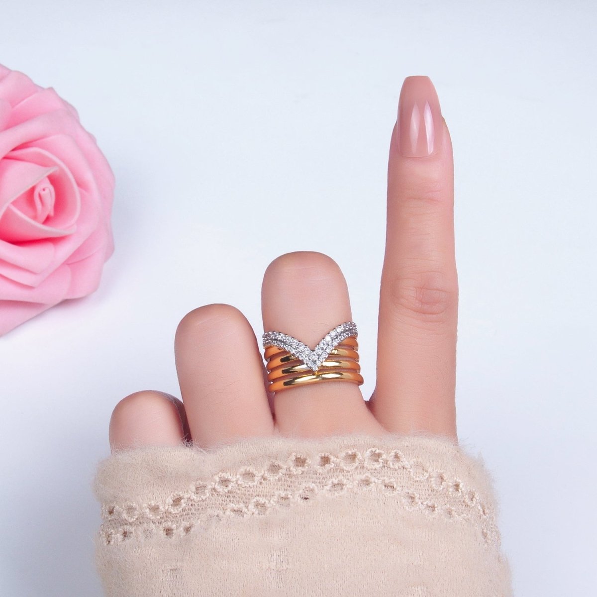 SJ | 24K Gold Filled Mixed Metal Micro Paved CZ Chevron Multiple Band Ring | U388