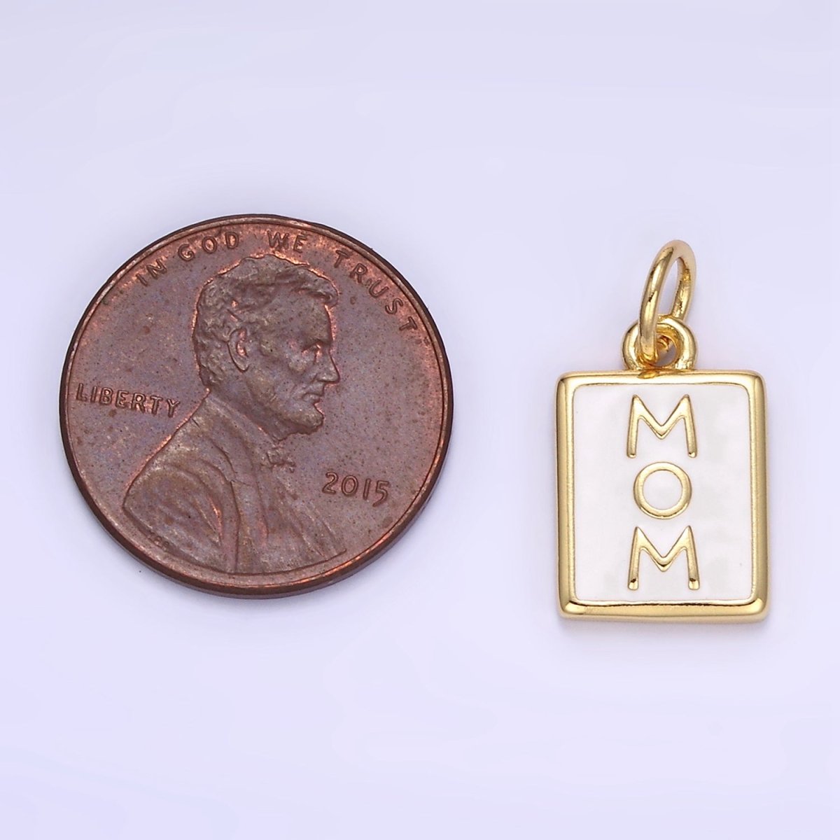 24K Gold Filled "MOM" White Enamel Tag Charm | E356