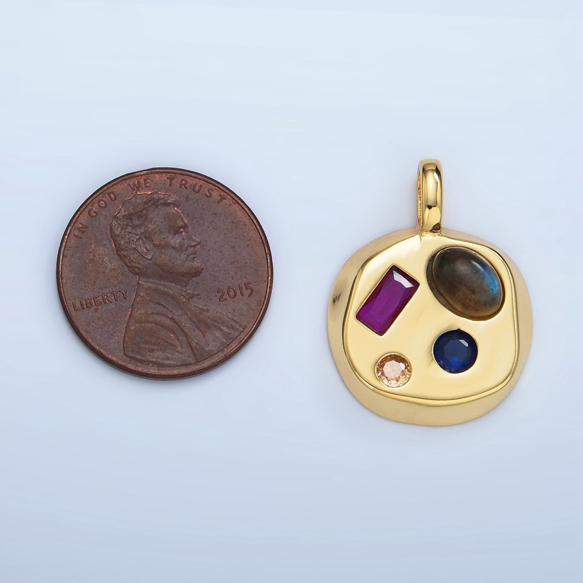 24K Gold Filled Moonstone, Amazonite, Labradorite Cabochon Multicolor CZ Round Pendant | AA970 - AA972