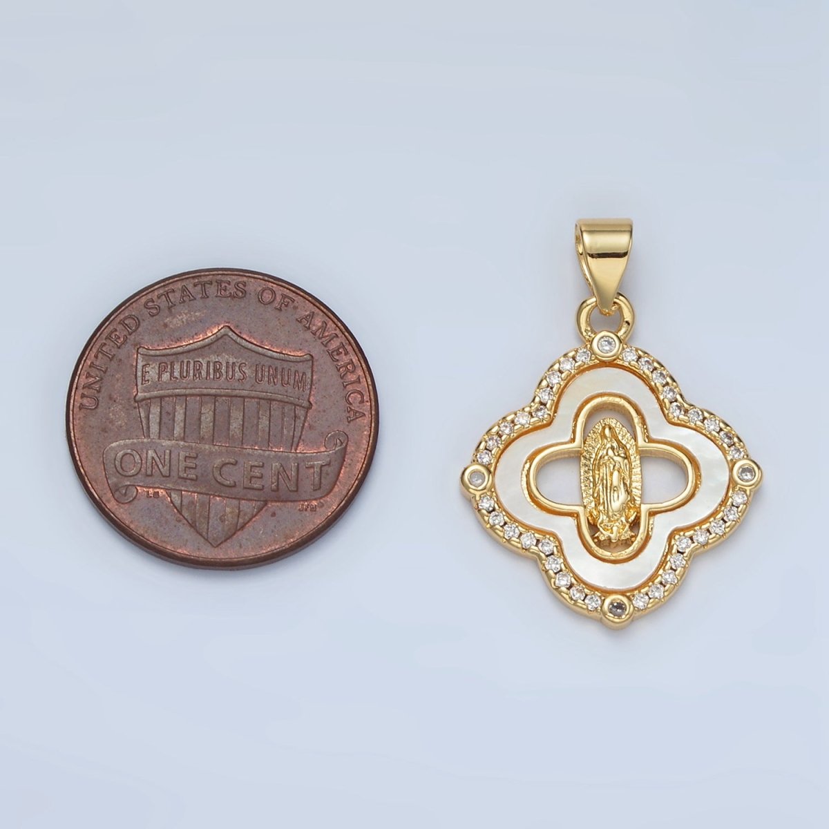 24K Gold Filled Mother Mary Religious Figure Shell Pearl Micro Paved CZ Quatrefoil Pendant | I058