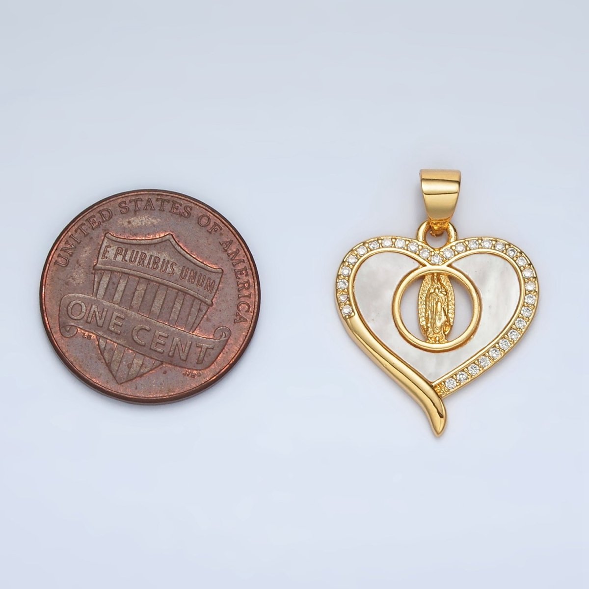 24K Gold Filled Mother Mary Shell Pearl Micro Paved CZ Open Heart Pendant | AH182