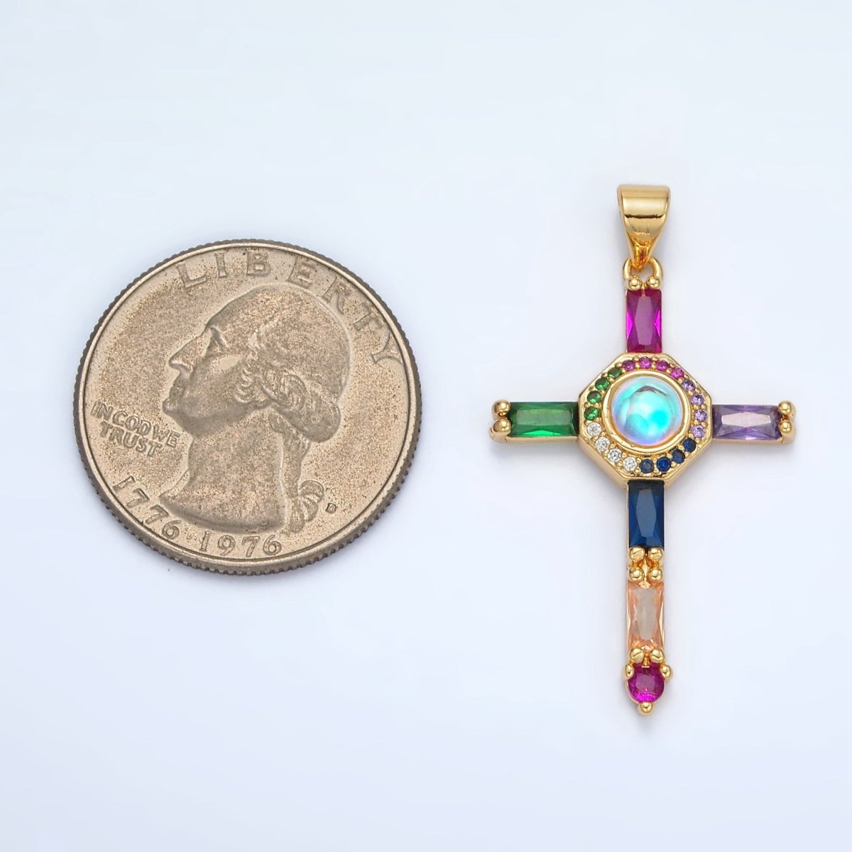 24K Gold Filled Multicolor Baguette Micro Paved CZ Cross Pendant | AA1365