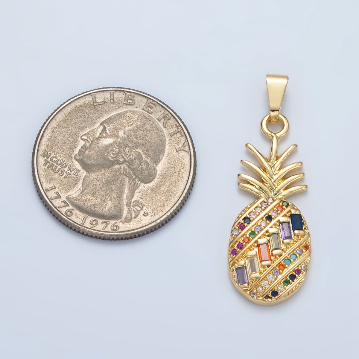 24K Gold Filled Multicolor Baguette Micro Paved CZ Pineapple Fruit Pendant | I754