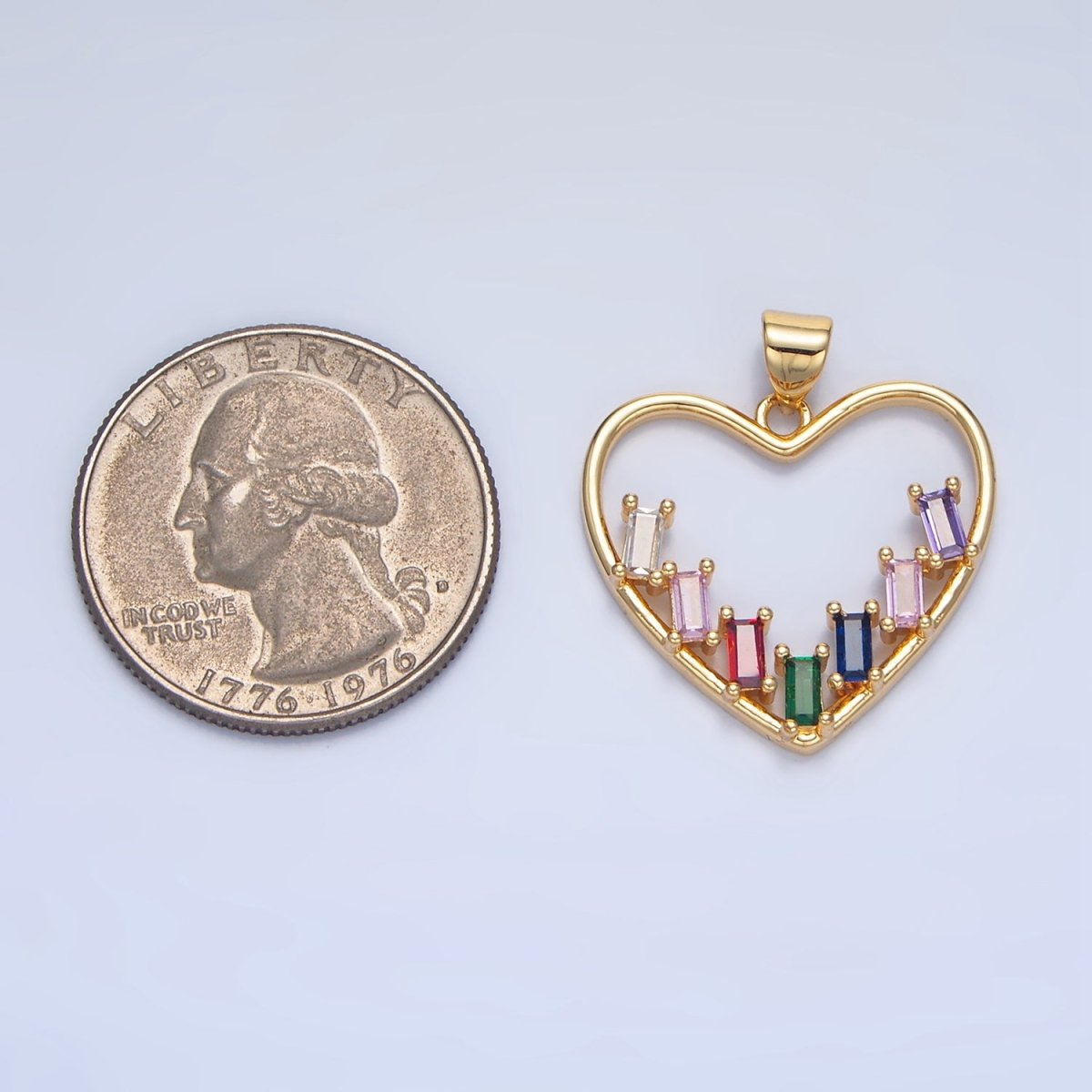 24K Gold Filled Multicolor CZ Baguette Open Heart Bezel Pendant | AA781