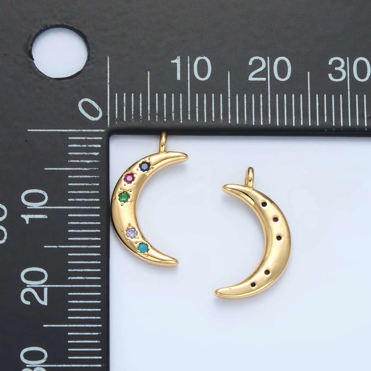 24K Gold Filled Multicolor CZ Celestial Crescent Moon Charm | E375