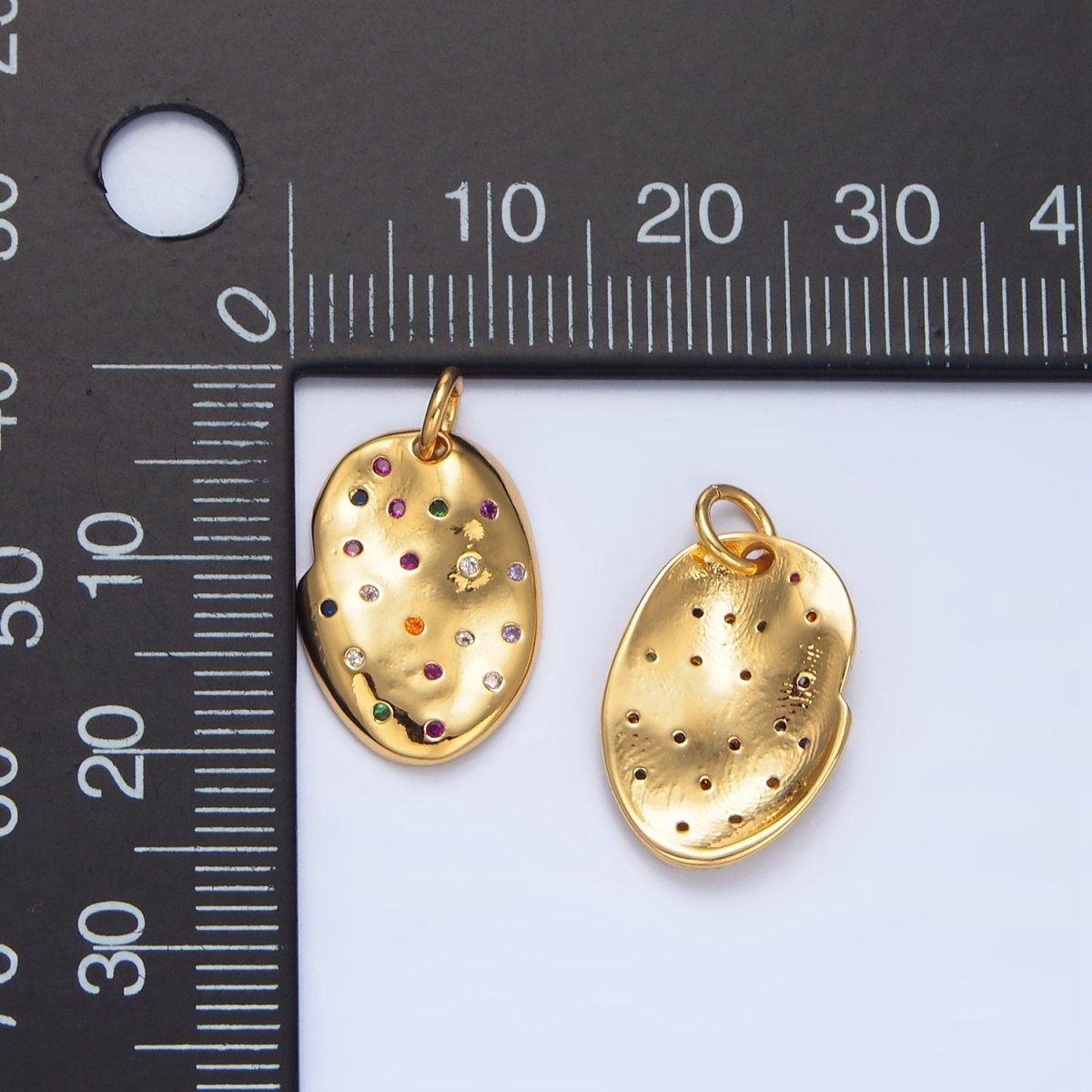 24K Gold Filled Multicolor CZ Dotted Hammered Oval Charm | X607