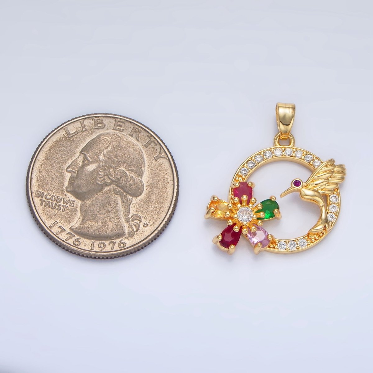 24K Gold Filled Multicolor CZ Micro Paved CZ Bird Open Round Pendant | H848