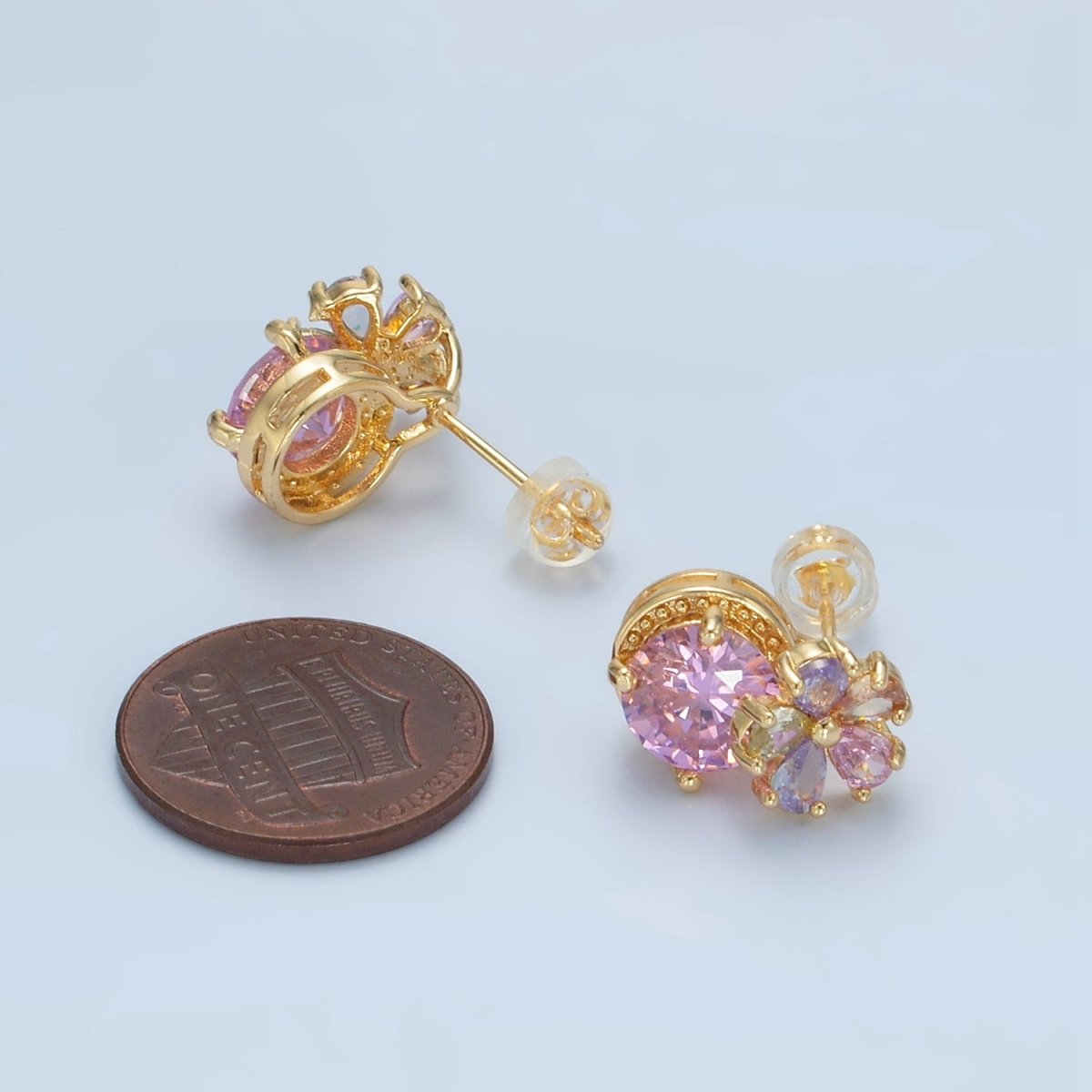 24K Gold Filled Multicolor Flower Petal Pink CZ Drop Stud Earrings | AD621