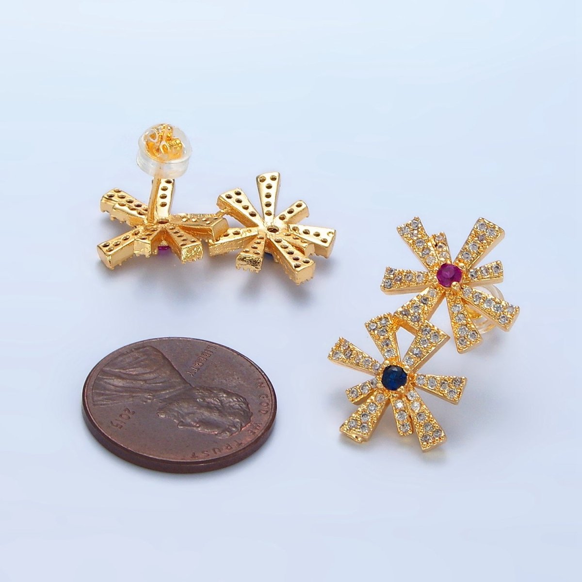 24K Gold Filled Multicolor Green, Blue CZ Micro Paved Double Flower Drop Stud Earrings | P107 P110