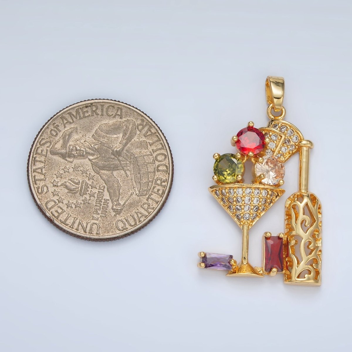 24K Gold Filled Multicolor Micro Paved Baguette CZ Martini Wine Alcohol Drinks Pendant | I708
