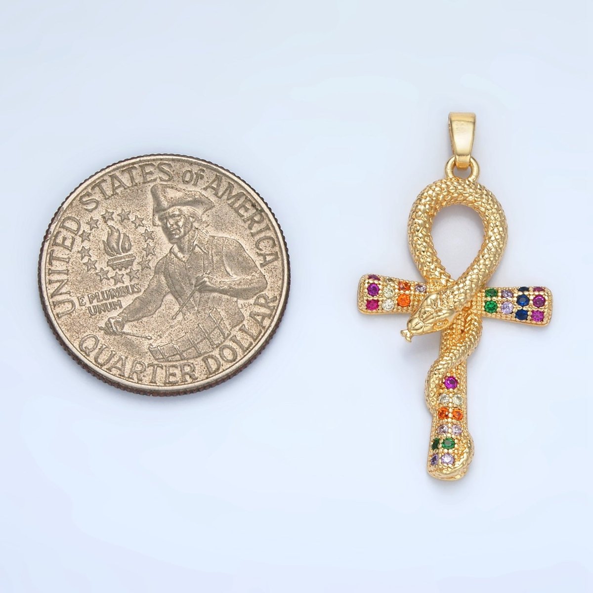 24K Gold Filled Multicolor Micro Paved CZ Snake Ankh Cross Pendant | AA864