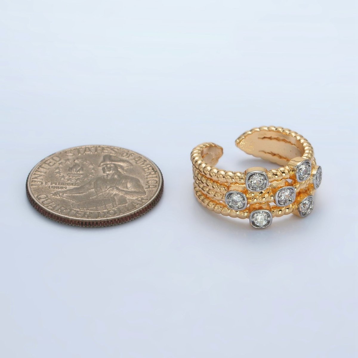 24K Gold Filled Multiple CZ Croissant Band Mixed Metal Ring |O990