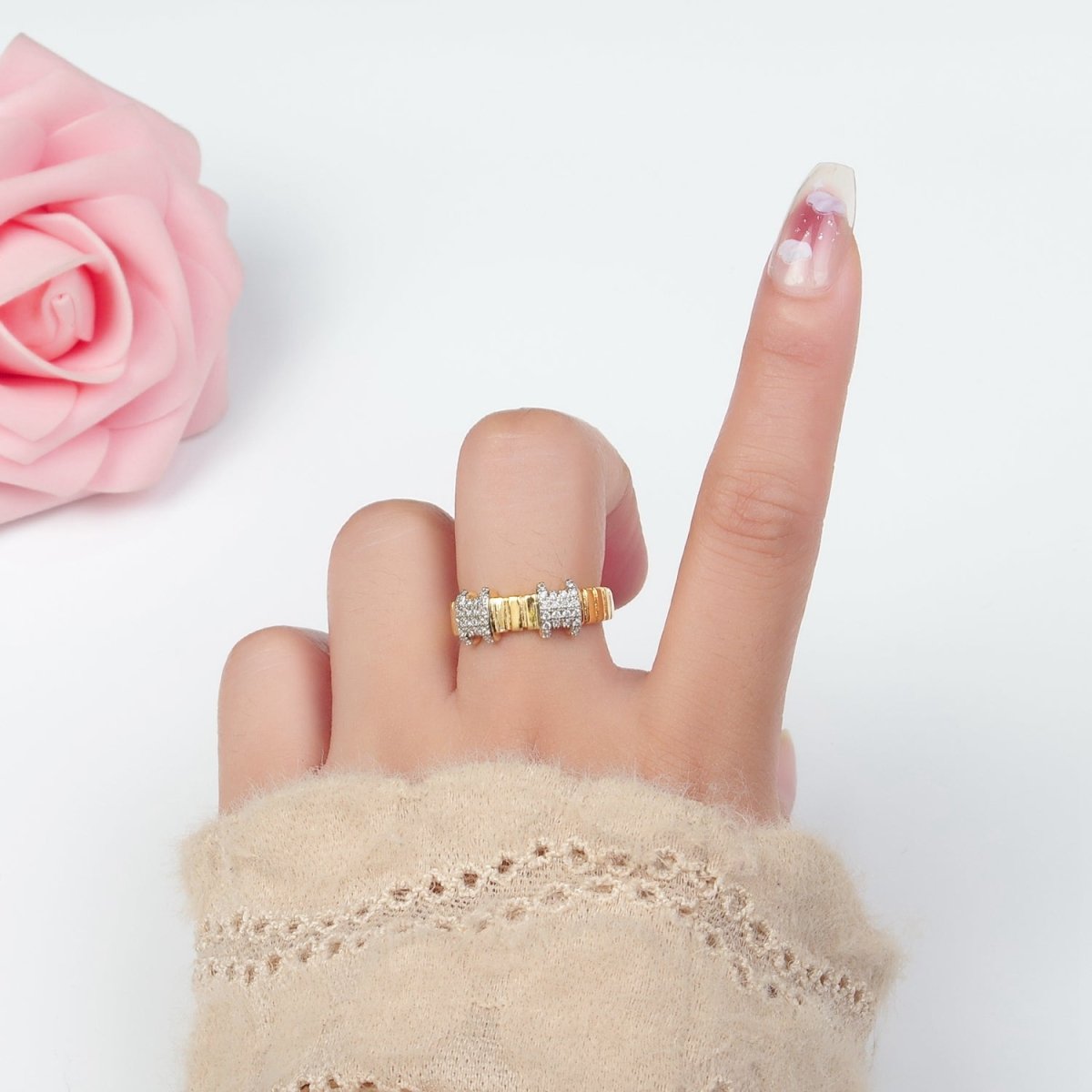 24K Gold Filled Multiple Micro Paved CZ Bar Band Ring | O1402