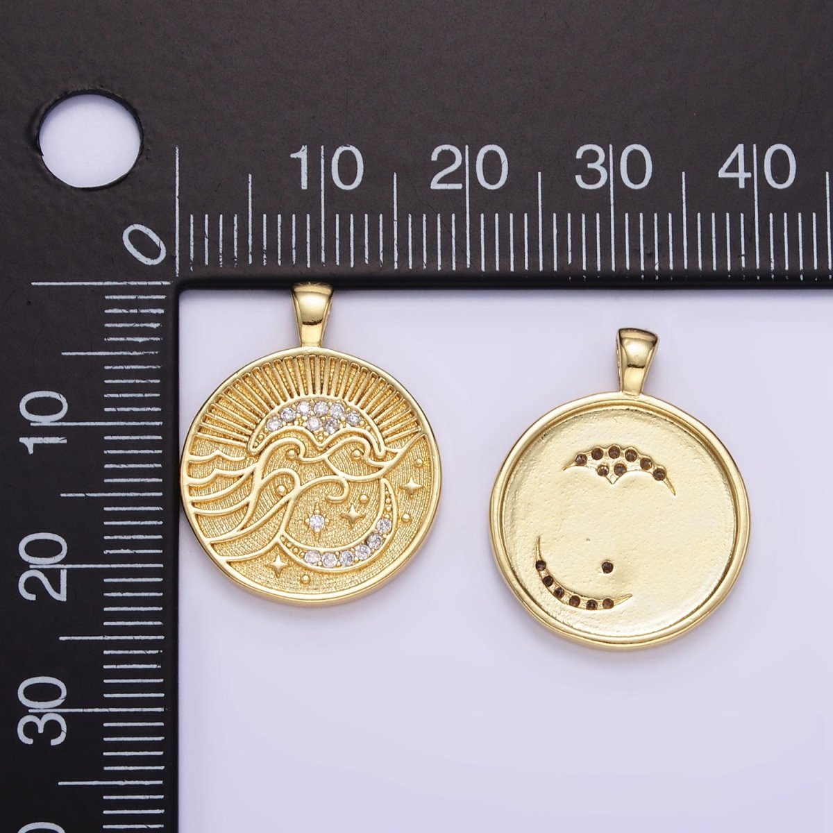 24K Gold Filled Ocean Waves Celestial Moon Micro Paved CZ Round Pendant | AA1354