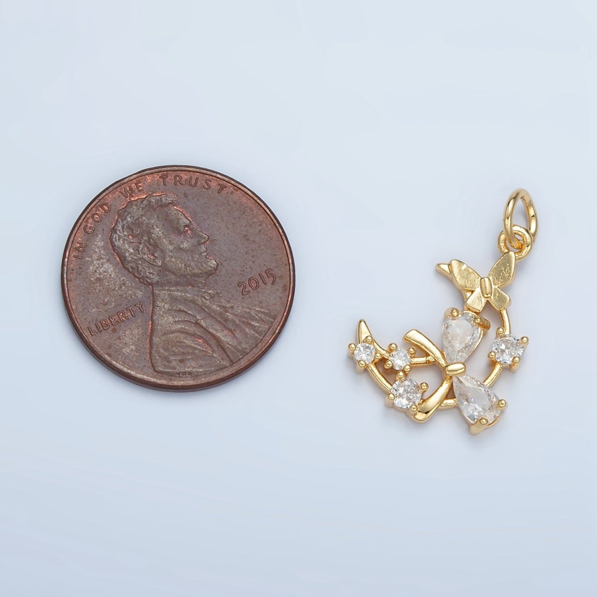 24K Gold Filled Open Celestial Crescent Moon Ribbon Bow Butterfly CZ Charm | N1411