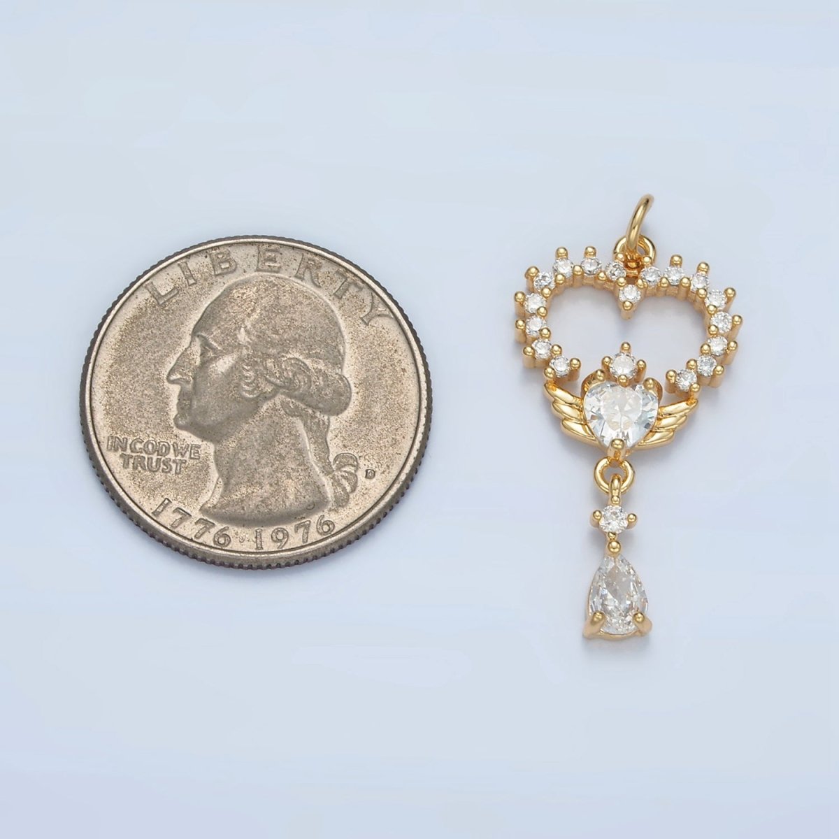 24K Gold Filled Open Clear CZ Heart Wings Teardrop Drop Charm | E689