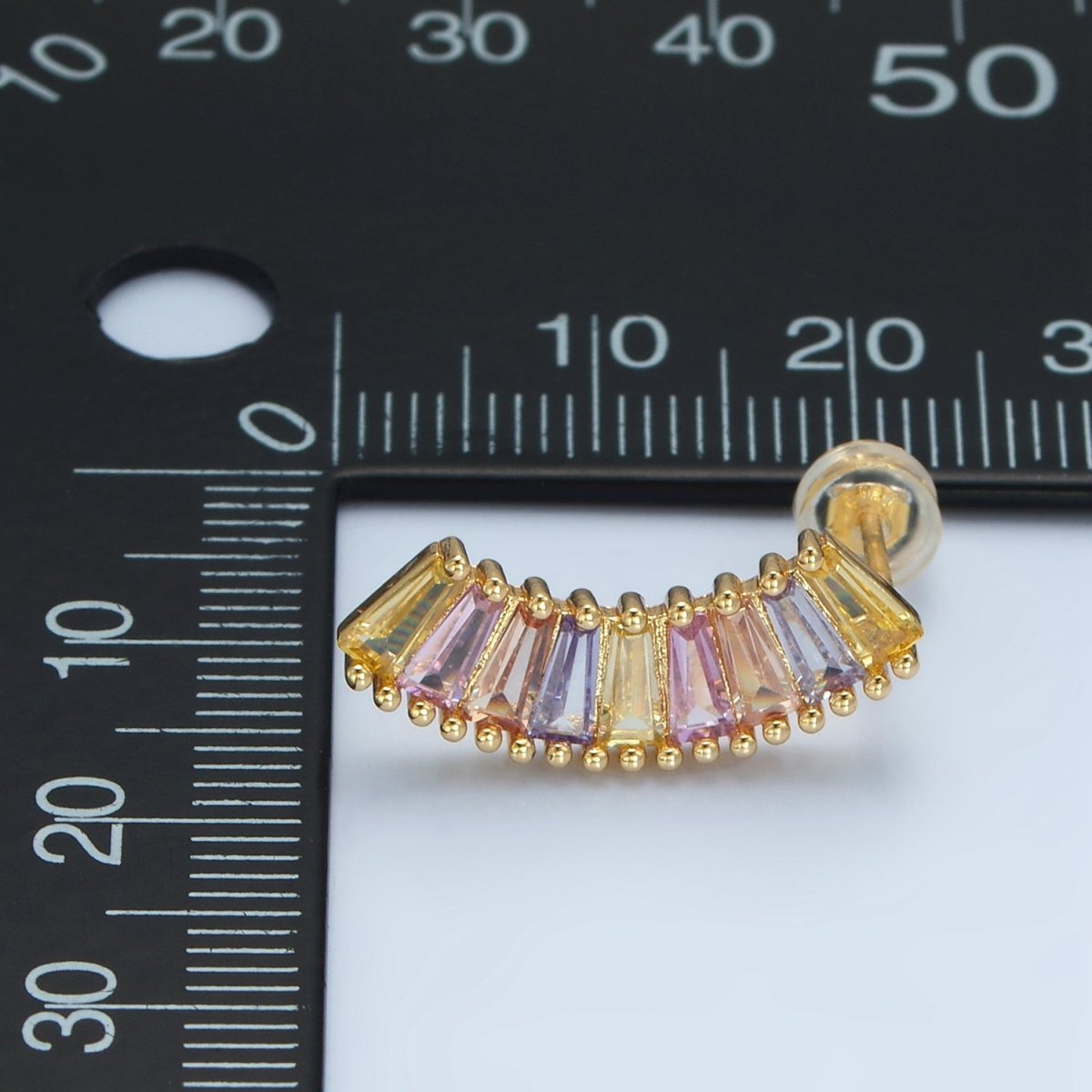 24K Gold Filled Pastel Multicolor Baguette Curved Stud Earrings | AD746