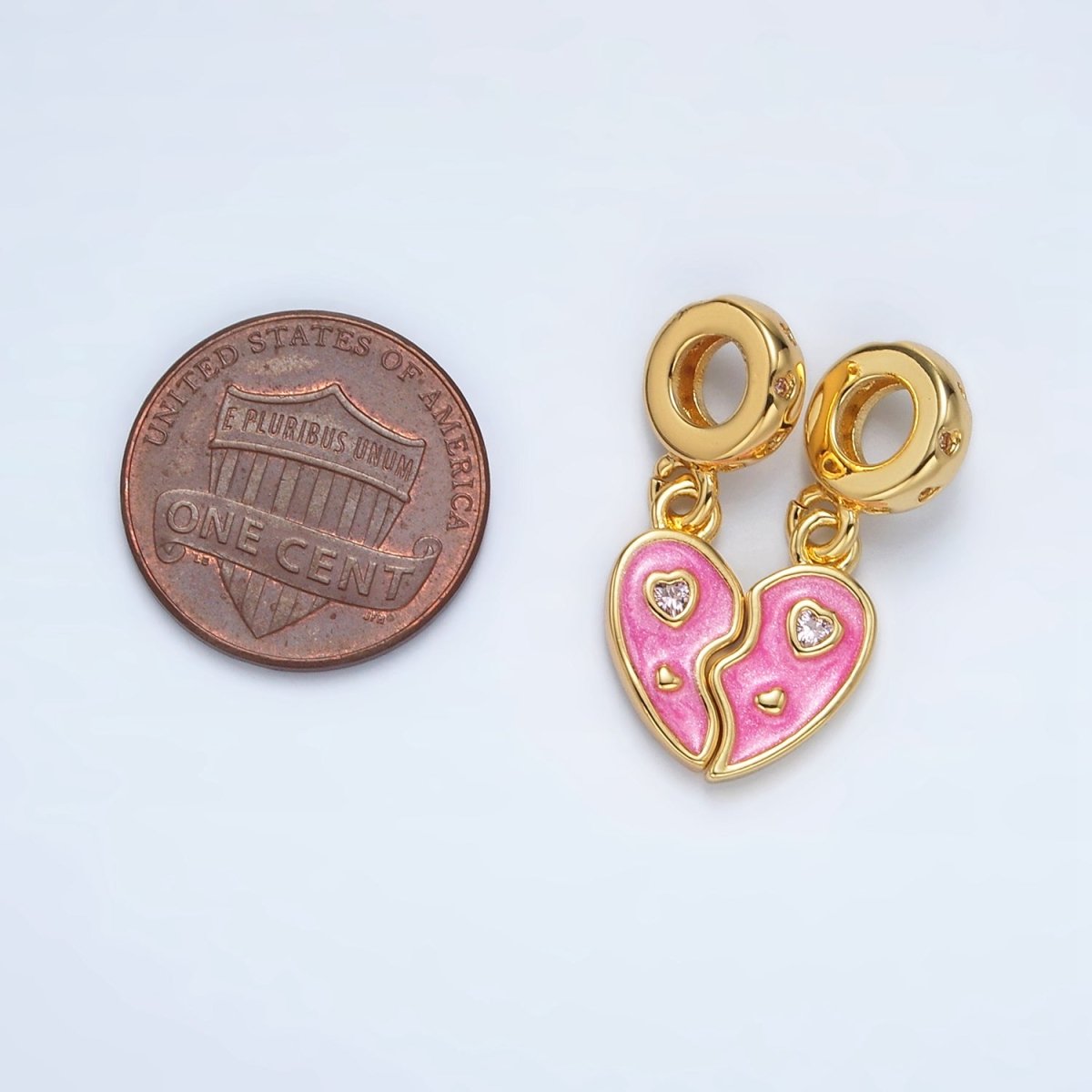 24K Gold Filled Pink CZ Enamel Heart Double Rhondelle Bail Drop Pendant Set | AC100